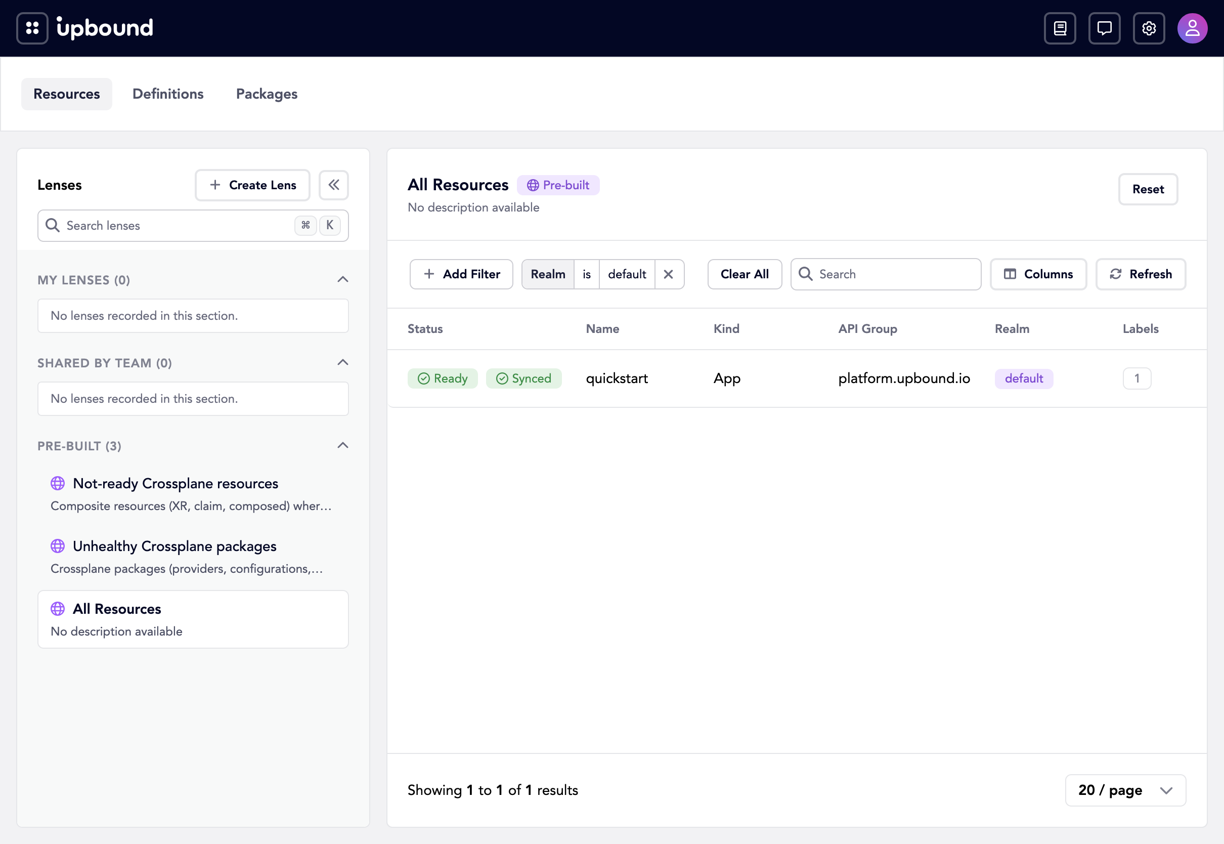 Resources page listing the quickstart App